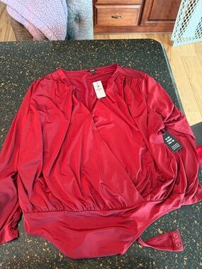 Express Red Surplice Long-Sleeve Bodysuit